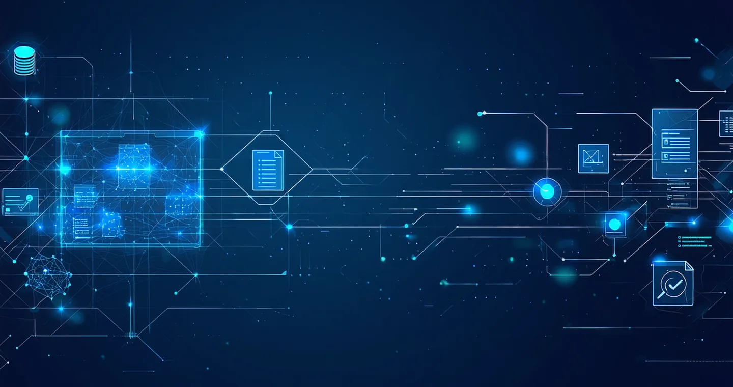 Abstract visualization of CSRD compliance data pipeline — glowing data flows connecting ERP systems to audit-ready reports on dark navy background